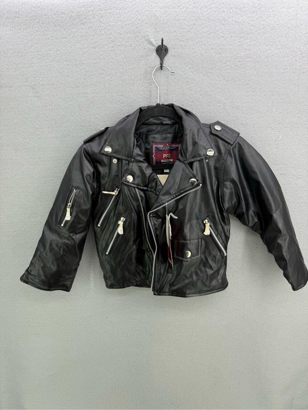 Deadstock Vintage PFG Youth Moto Coat Jacket Black Size 3 Faux Leather Biker Hal
